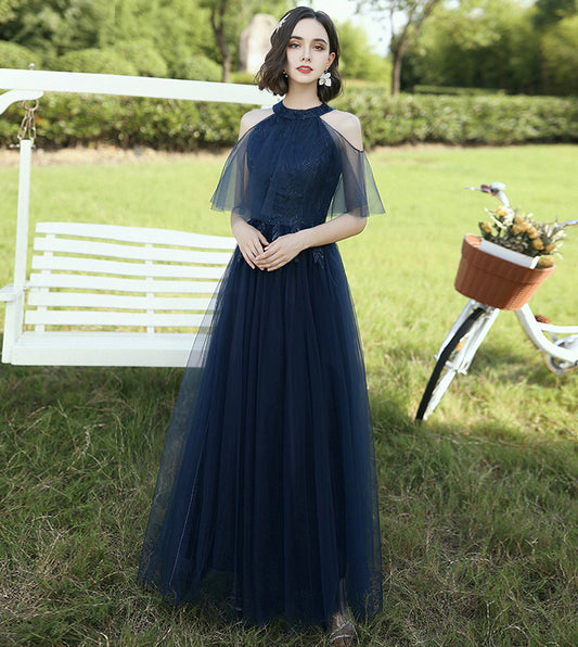 Robe de soirée longue en tulle bleu et dentelle 8404