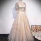 Champagne tulle sequins long prom dress A line evening gown  10327