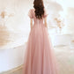 Cute tulle long prom dress pink A line evening dress  10524