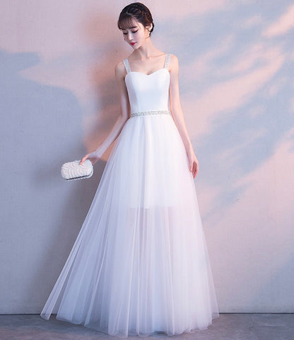 White tulle long A line prom dress white evening dress  8669