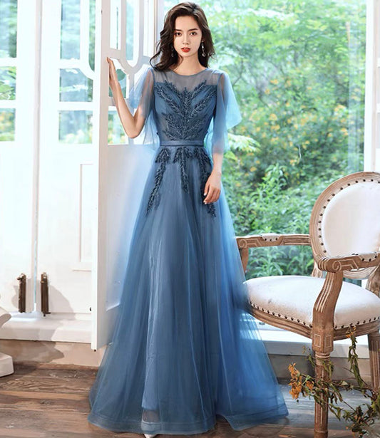 Blue tulle lace long prom dress blue evening gown  10286