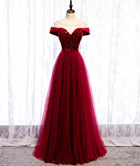 Robe de soirée longue en tulle velours bordeaux 8400