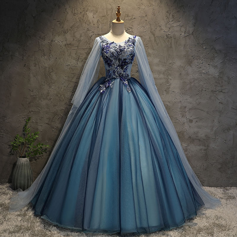 Blue tulle lace long ball gown dress blue evening gown  10091