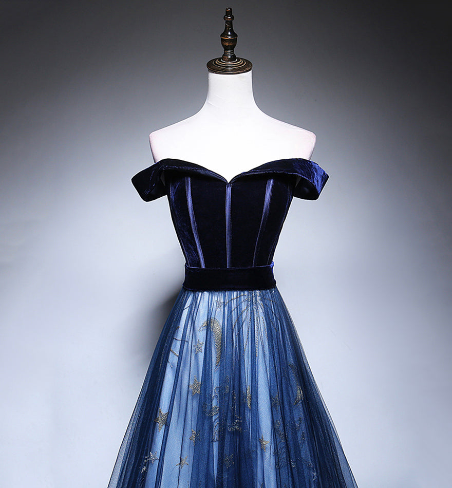 Langes Ballkleid aus blauem Samt-Tüll Abendkleid 8449