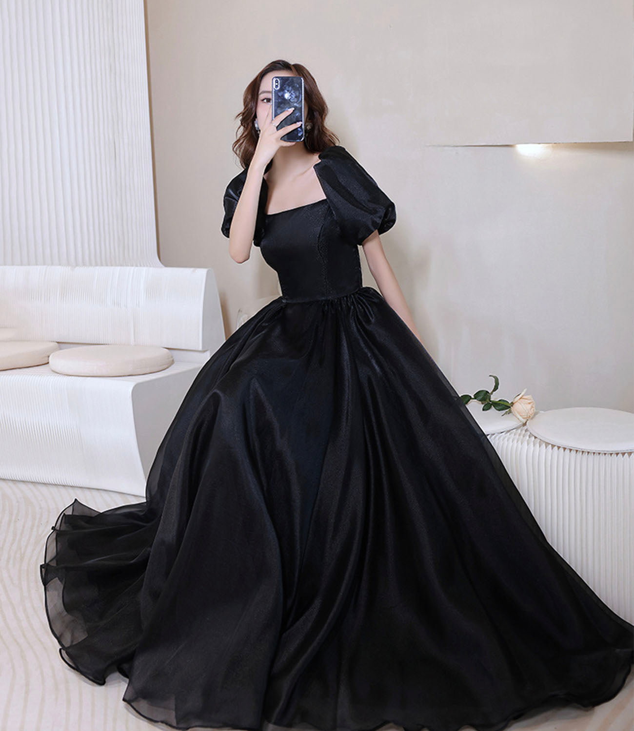 Black tulle long prom dress A line evening gown  10207