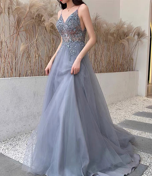 Blue tulle beads long prom dress blue evening dress  10453