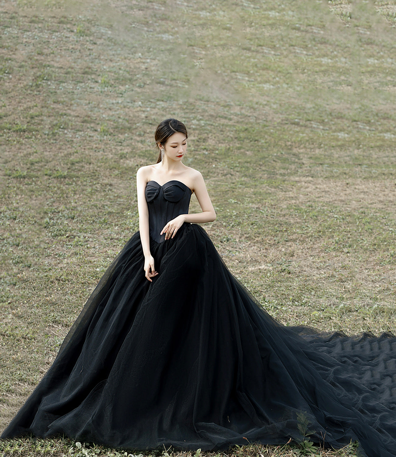 Black tulle long ball gown dress evening gown  10305