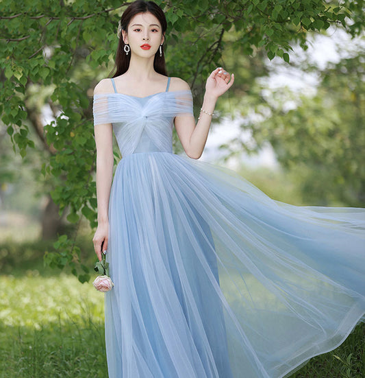 Blue tulle long A line prom dress bridesmaid dress  10047