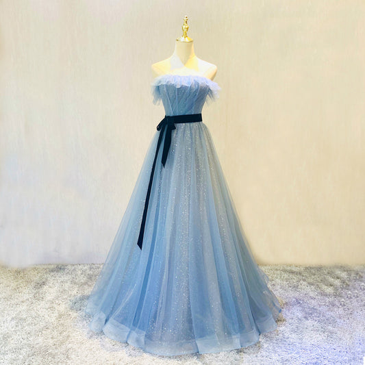 Robe de soirée longue en tulle bleu à paillettes 10045