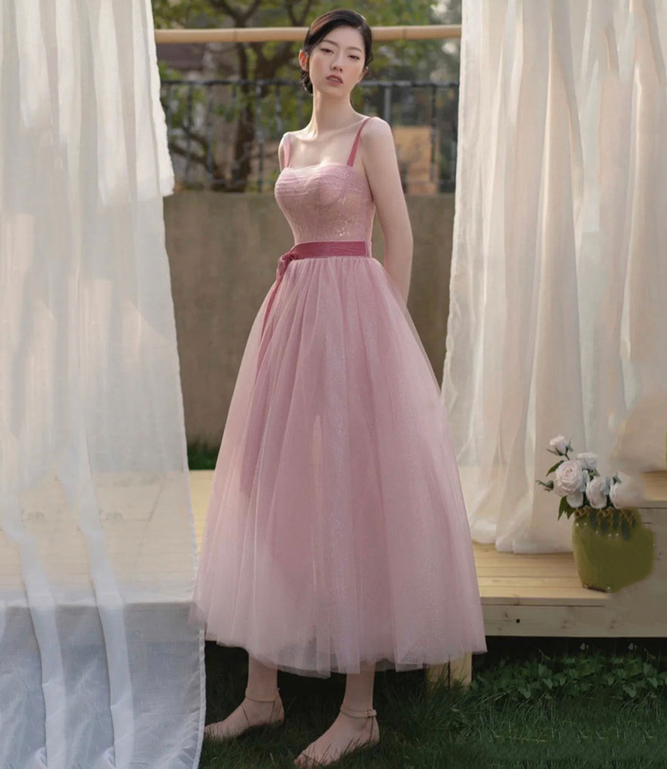 Rosa Tüll kurzes A-Linie Ballkleid Abendkleid 8857