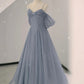 Gray tulle sequins long prom dress gray evening dress  10633
