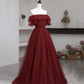 Burgundy tulle long prom dress A line evening dress  10503