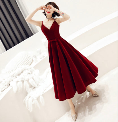 Simple v neck velvet short prom dress party dress  8953