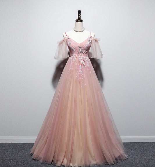 Pink v neck tulle long prom dress evening dress  8455