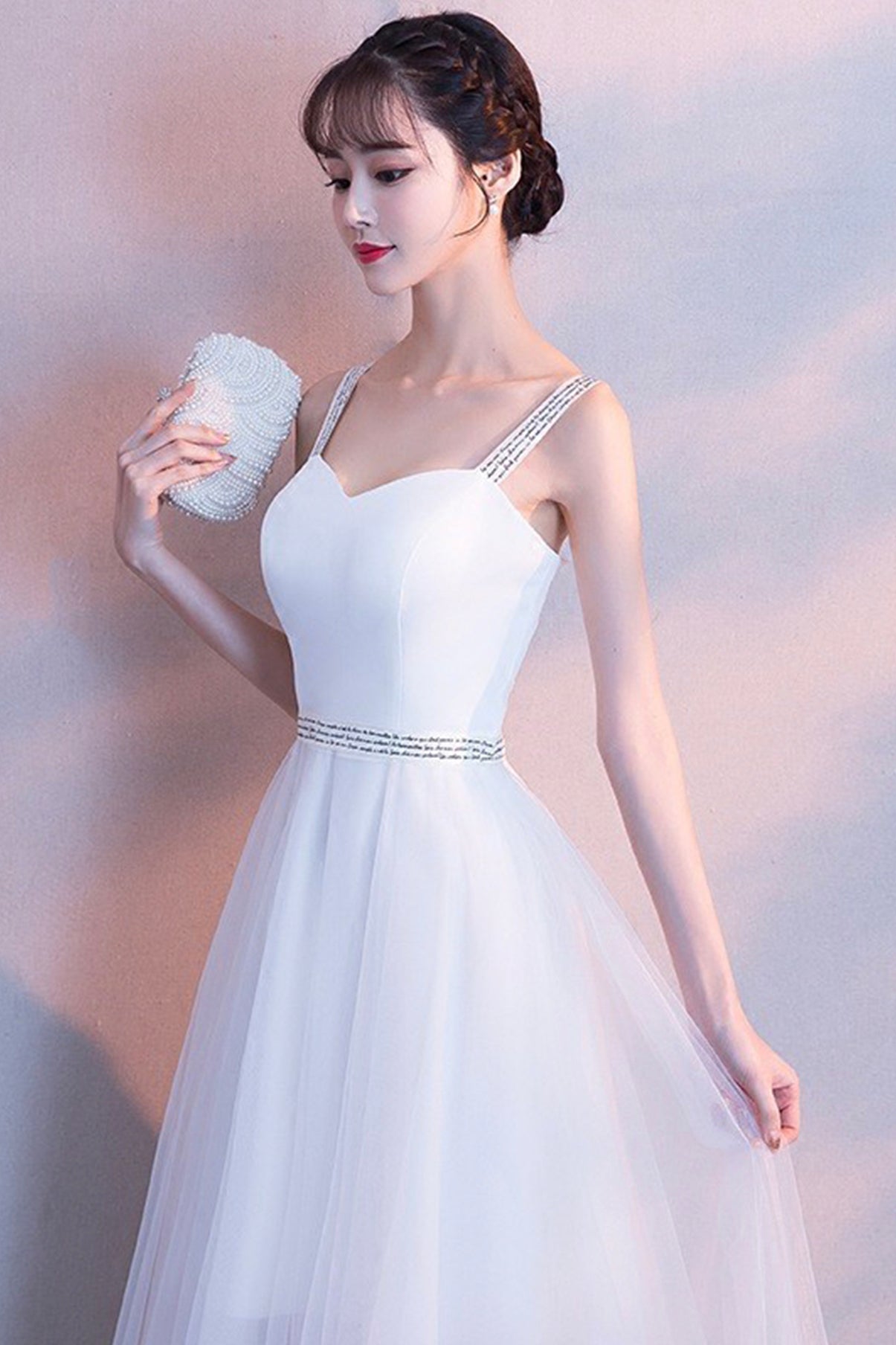 White tulle long A line prom dress white evening dress  8669