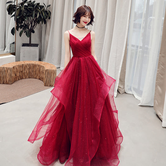 Burgundy v neck tulle long prom dress, formal dress  10082