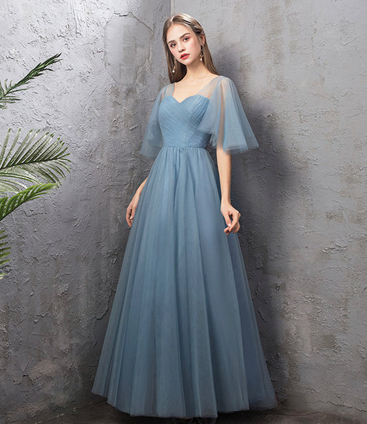 Blaues langes A-Linien Ballkleid aus Tüll blaues Abendkleid 10588