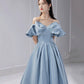 Blue satin long prom dress A line evening dress  10581