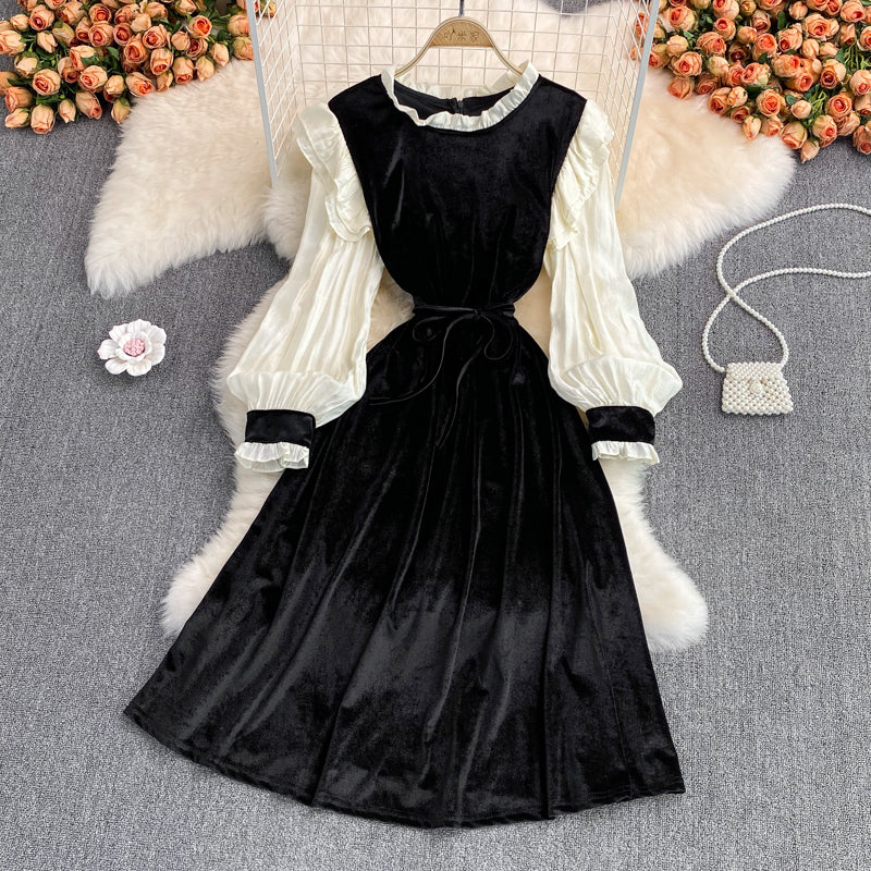 Black Velvet Long Sleeve Dress Fashion Dress  10954