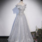 Gray tulle lace long prom dress A line evening gown  10406