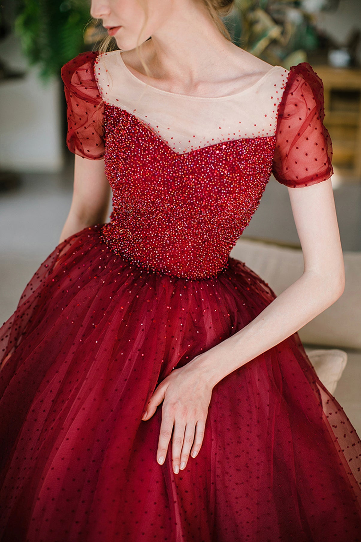 Burgundy tulle beads long prom dress A line evening dress  8645