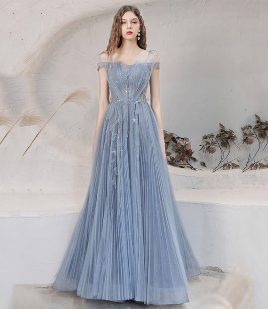 Robe de soirée longue en tulle bleu à paillettes 10478