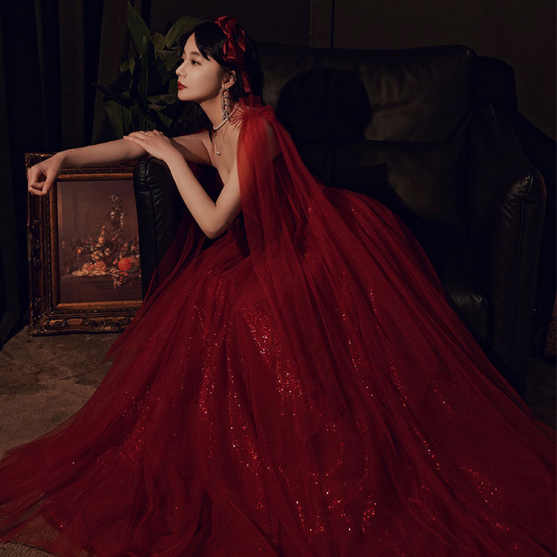 Robe de bal longue en tulle bordeaux à paillettes 8263