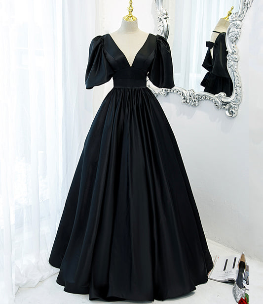 Black v neck satin long A line prom dress evening dress  8846