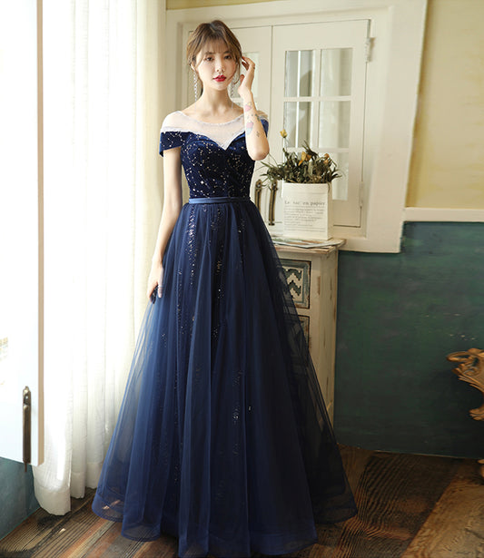 Langes Ballkleid aus blauem Samt-Tüll Abendkleid 10384