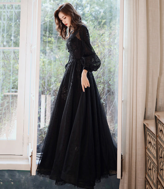 Black tulle lace long prom dress A line evening dress  10460