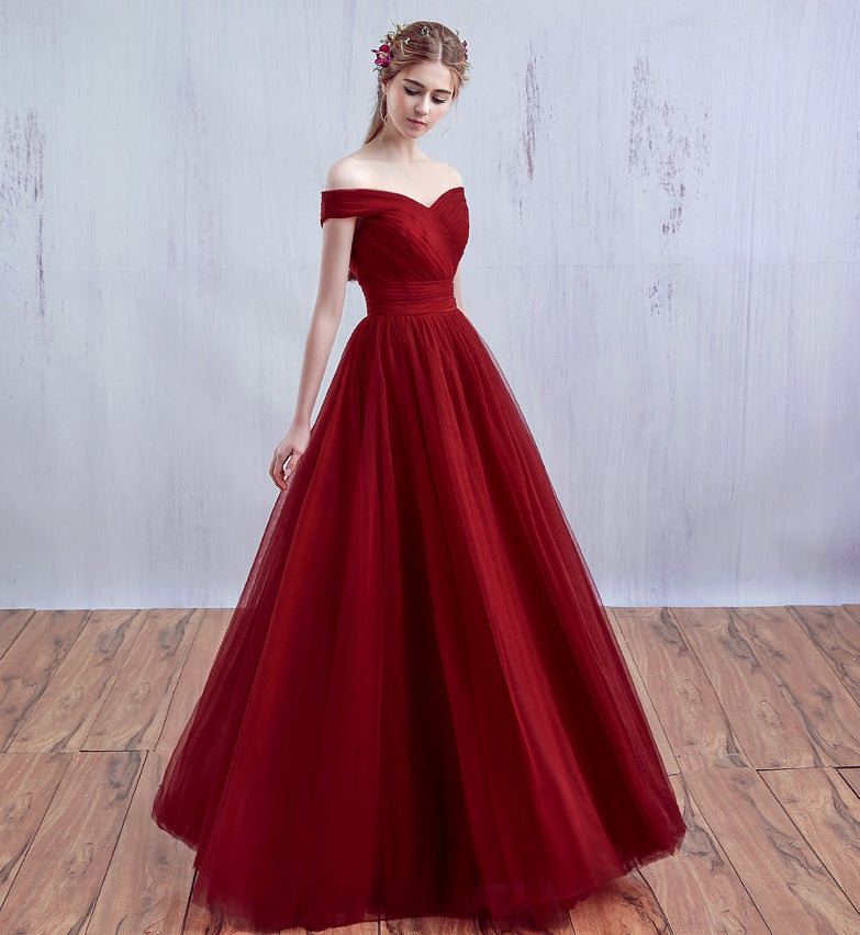 Burgundy v neck tulle long prom dress, burgundy evening dress  7902