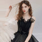 Black tulle long prom dress A line evening dress  10416