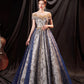 Blue tulle sequins long prom dress evening gown  10361