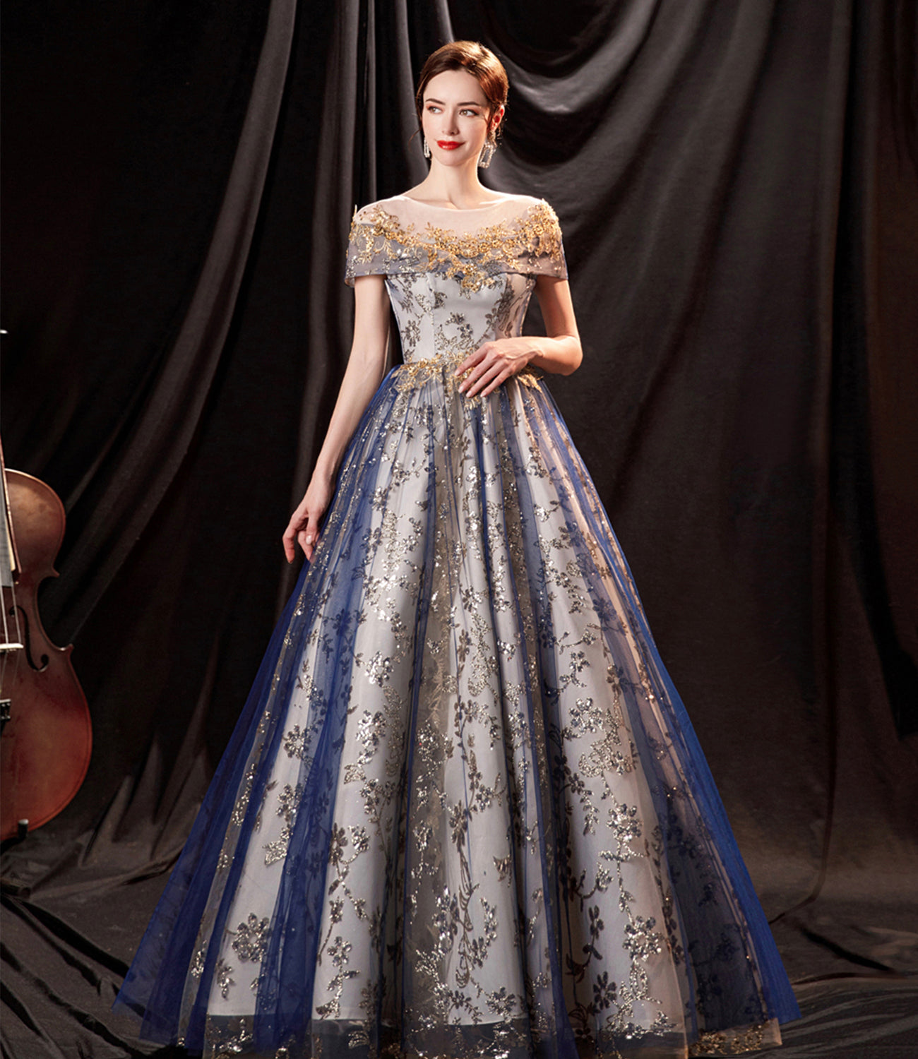 Blue tulle sequins long prom dress evening gown  10361