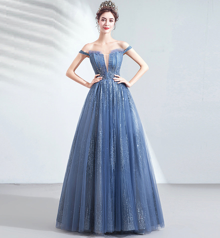 Robe de soirée longue en tulle bleu à paillettes 8433