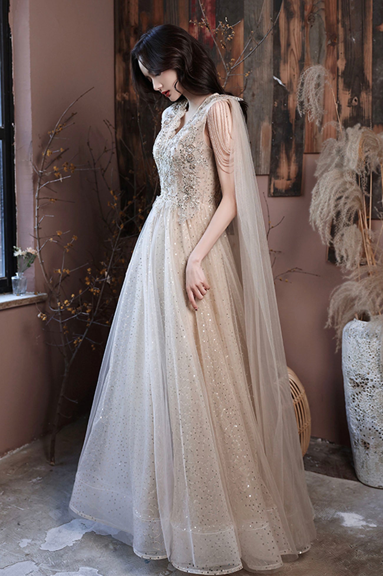 Robe de soirée longue en tulle à paillettes champagne 10605