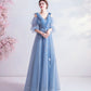 Blue v neck tulle long prom dress A line evening dress  10144