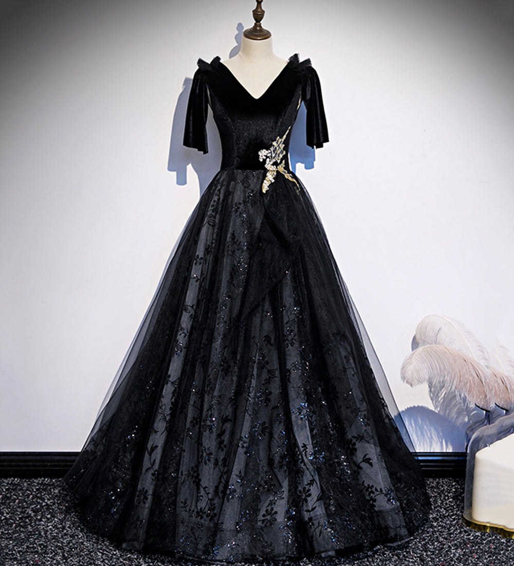 Black velvet lace long prom dress evening dress  8502