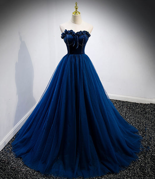 Langes Ballkleid aus blauem Samt-Tüll blaues Abendkleid 10161