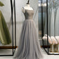 Gray tulle beads long prom gown evening dress  8437