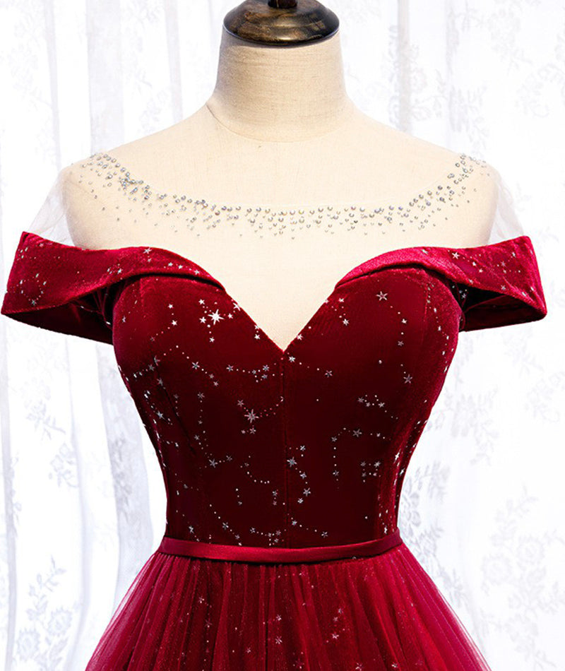 Burgundy velvet tulle long prom dress evening dress  8400