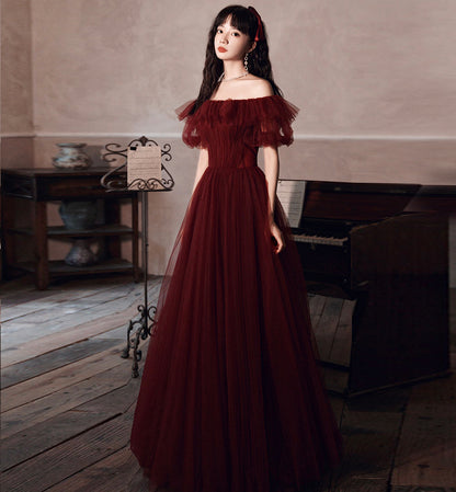 Burgundy tulle long prom gown formal dress  8435