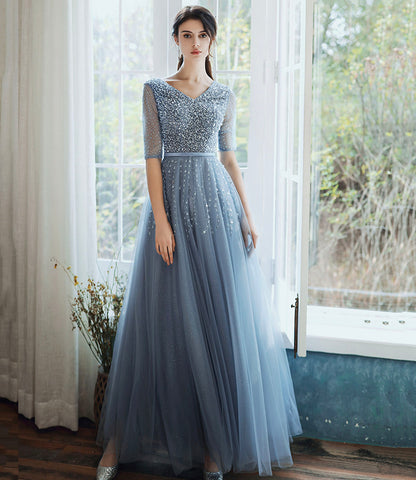 Blue tulle beads long prom dress A line evening gown  10333