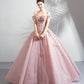 Pink tulle lace long prom dress A line evening gown  10359