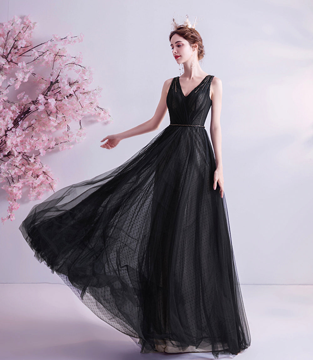 Black v neck tulle beads prom dress evening dress  8519