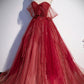 Burgundy tulle sequins long prom dress A line evening gown  10632