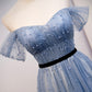 Blue tulle long A line prom dress evening dress  8686
