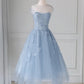 Blue tulle lace short A line prom dress party dress  8744