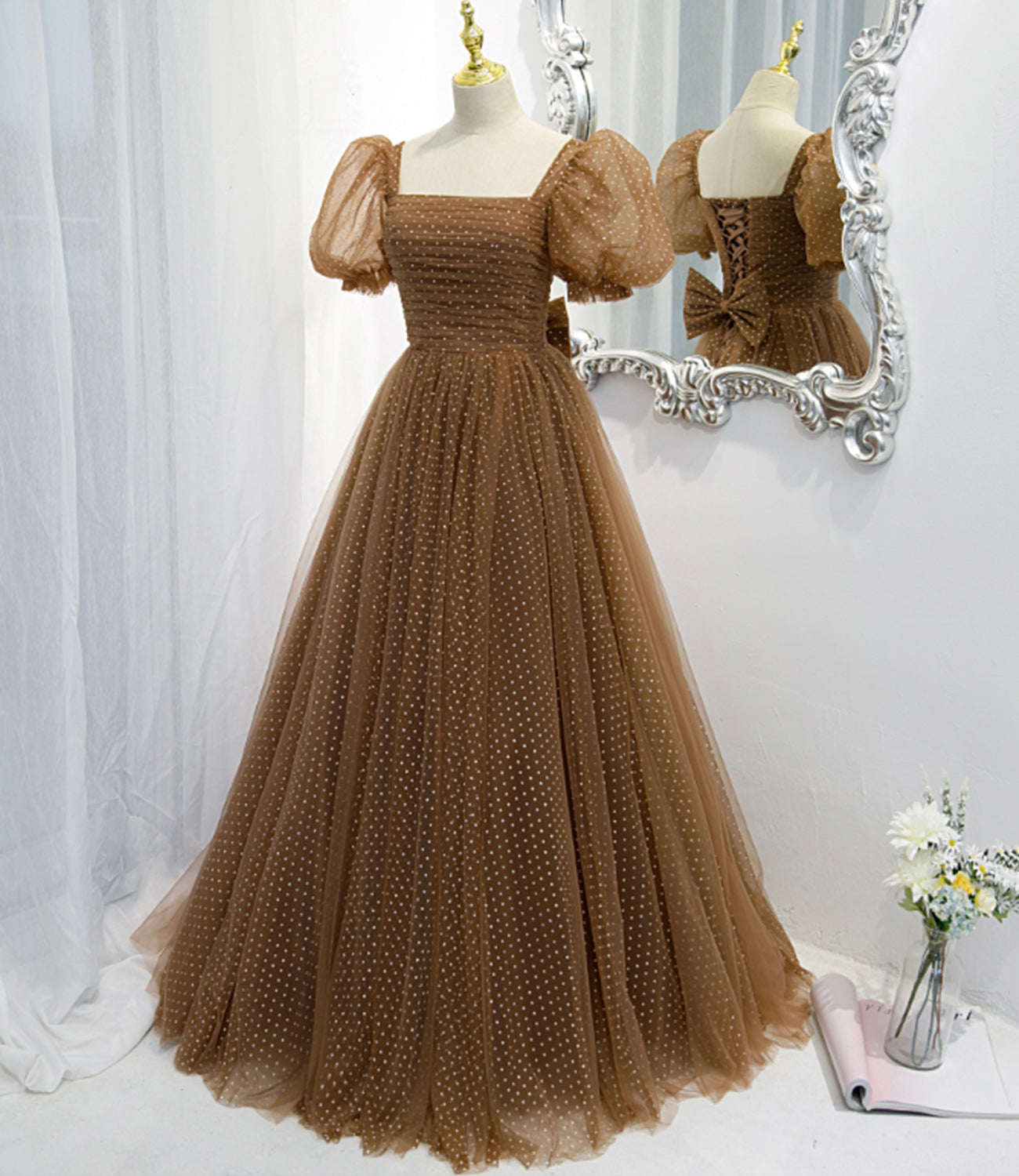 Cute tulle long A line prom dress evening dress  8822