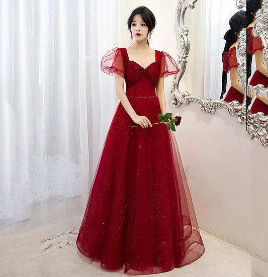 Burgundy tulle long A line prom dress evening gown  10070